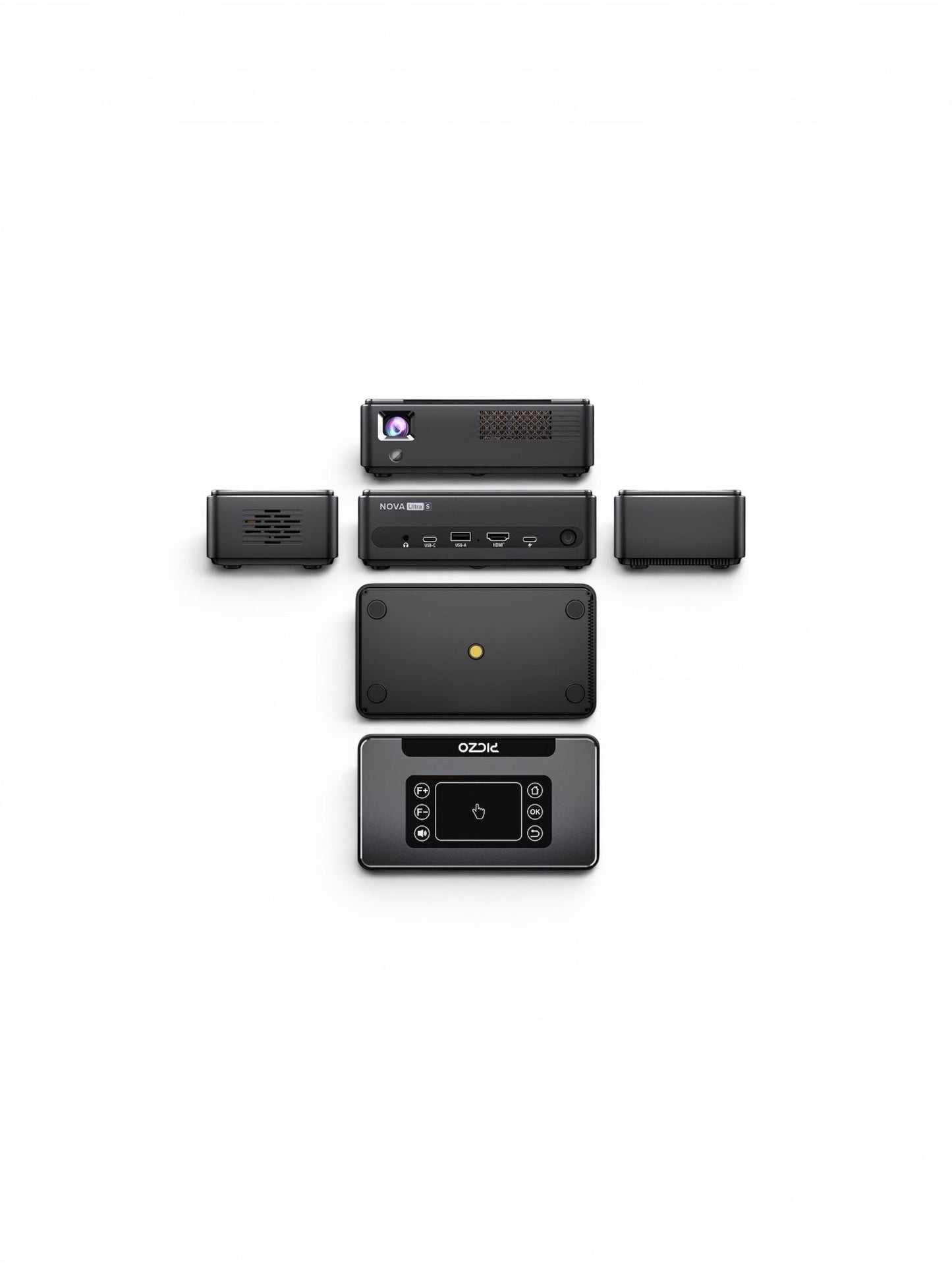 Piczoshop Nova Ultra S portable Full HD projector with HDMI and USB-C ports, touch controls, and compact design.