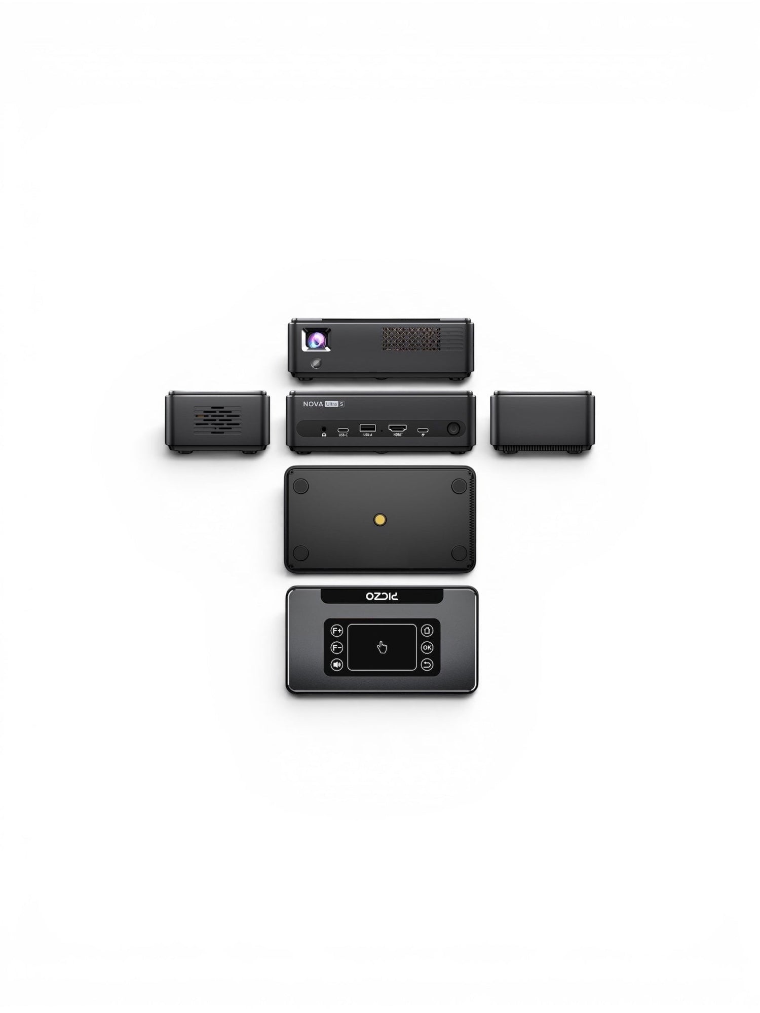 Piczoshop Nova Ultra S portable Full HD projector with HDMI and USB-C ports, touch controls, and compact design.