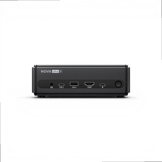 Piczoshop Nova Ultra S portable projector rear view with headphone jack, USB-C, USB-A, HDMI, and power button.